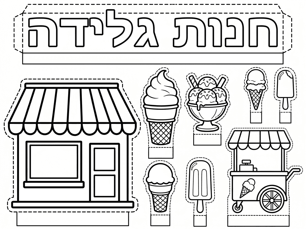צור לי דף צביעה תלת מימד עם קו לגזירה בנושא חנות גלידה. כולל כותרת
"חנות גלידה" באותיות חלולות לצביעה