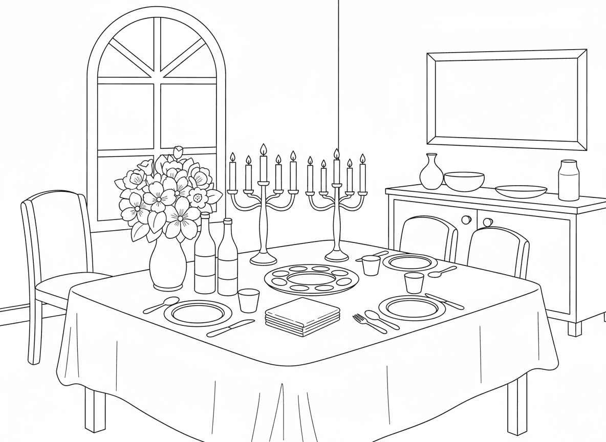 שולחן פסח ערוך בצורה יפה - שולחן פסח ערוך יפה ומוכן לסדר, מפה לבנה, קערת סדר במרכז, כיסוי מצות, בקבוקי יין, פמוטות דולקים, פרחים, מערכי שולחן, חדר אוכל אלגנטי