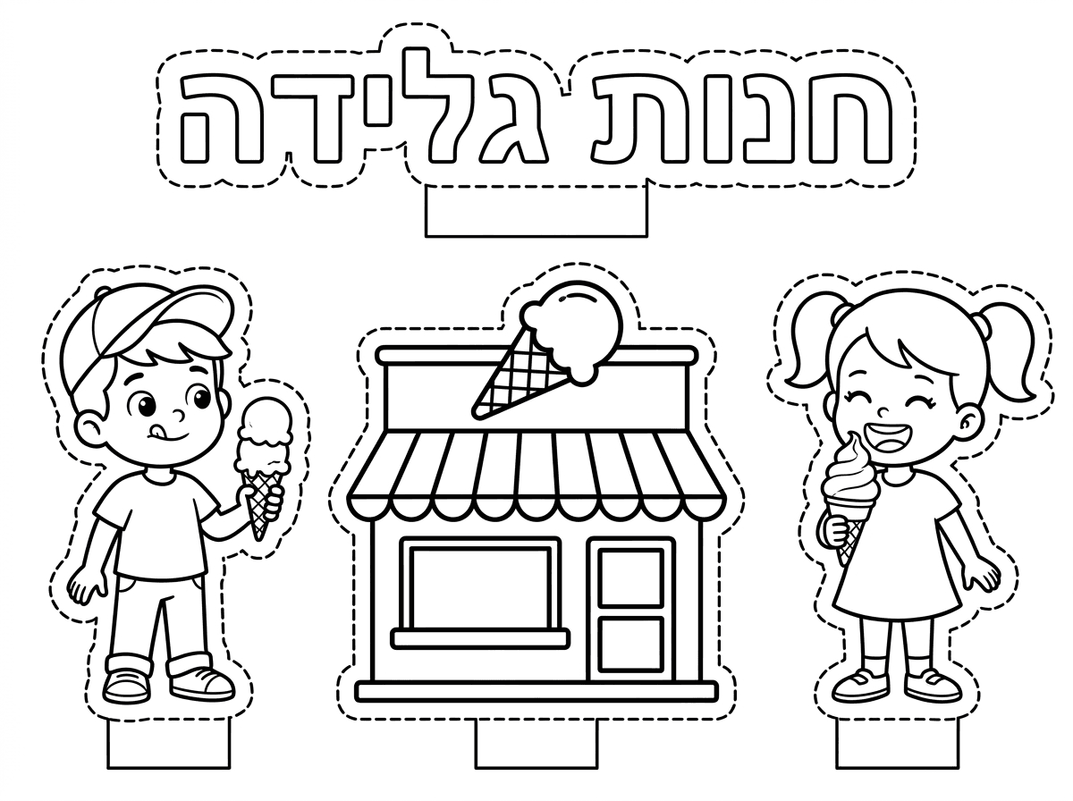 צור לי דף צביעה תלת מימד עם קו לגזירה בנושא חנות גלידה. כולל כותרת
"חנות גלידה" באותיות חלולות לצביעה
ילד אוכל גלידה וילדה אוכלת גלידה