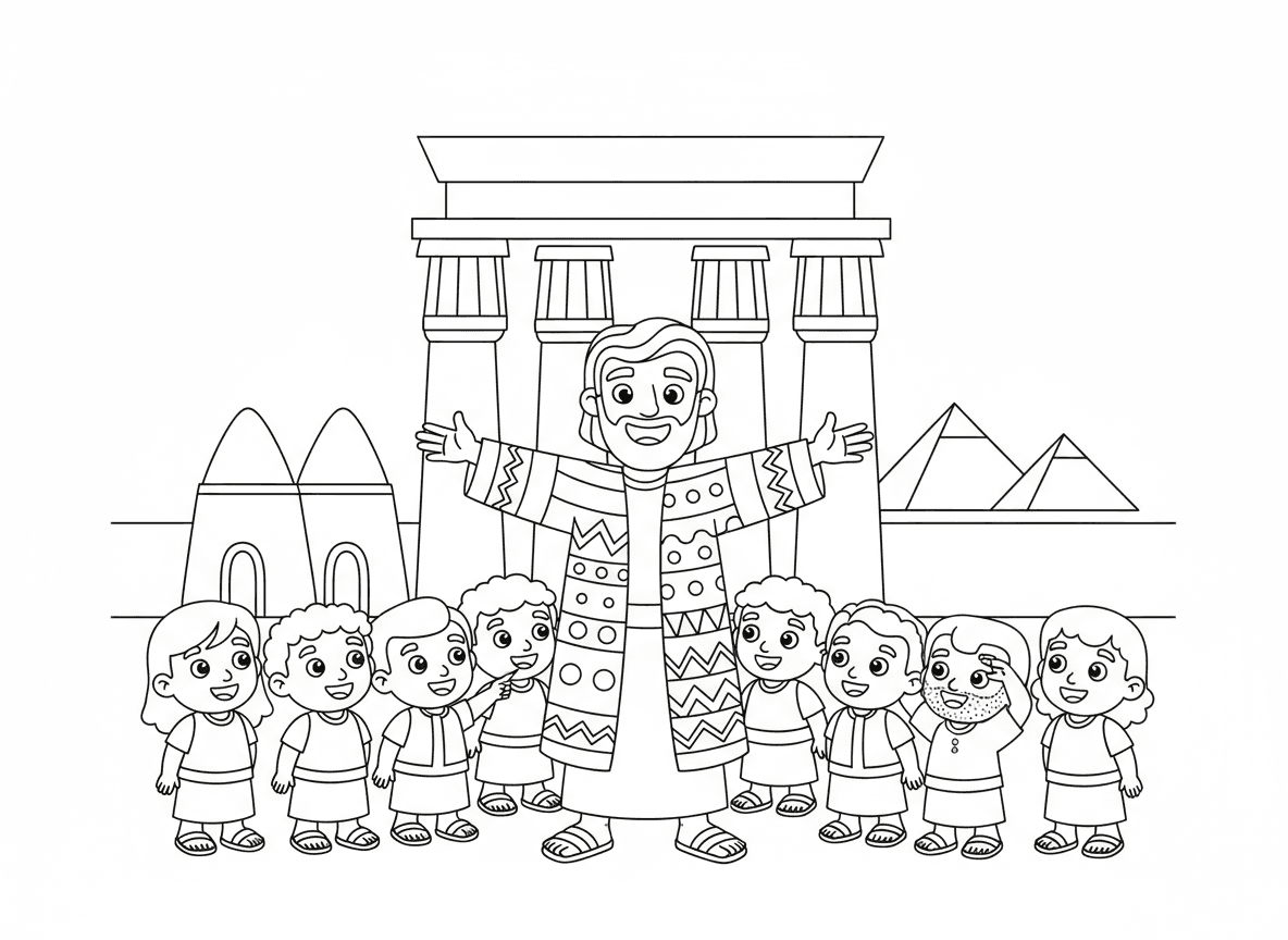 יוסף במצרים עם כתונת הפסים - יוסף לובש את כתונת הפסים הצבעונית שלו במצרים, רקע ארמון מצרי, מחסני תבואה, פירמידות נראות, אחים מסתכלים למעלה, סצנה דרמטית, צבעים בהירים