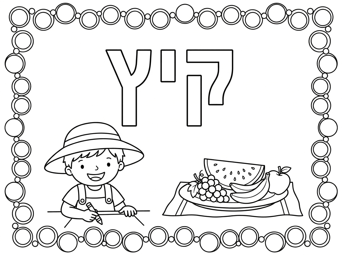 אצלם, אשמח שזה מסגרת עם עיגולים שהילדים יוכלו להדביק מדבקות. ובמקום החיה הזאת שהמהלכת על ה על החול שיהיה צלחת עם פירות קיץ, מתי אבטיח, ענבים. תודה.