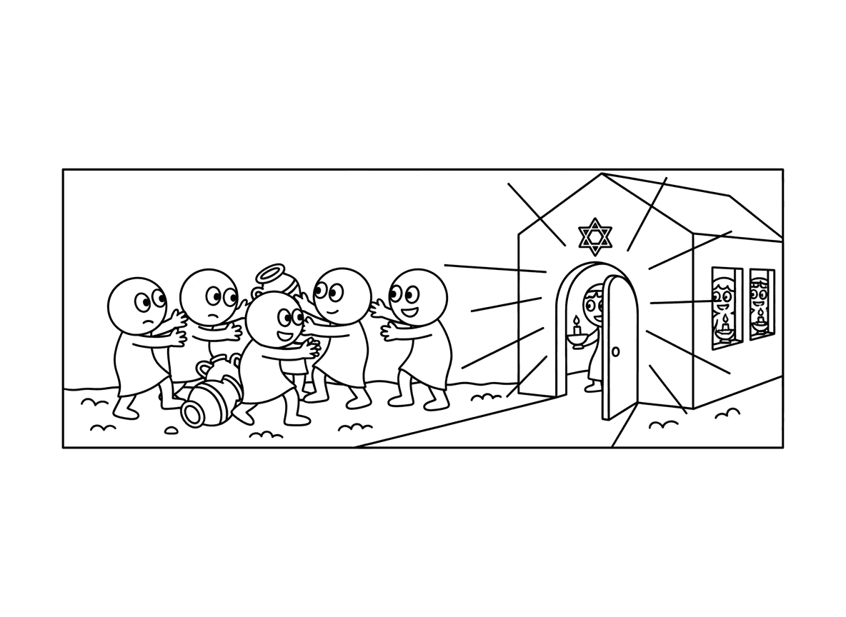 מכת חושך במצרים - סצנה ידידותית לילדים של מכת חושך, מצרים מתמוטטים בחושך מוחלט ולא יכולים לראות, בעוד בית ישראלי בקרבת מקום עם אור זורח מהחלונות, ניגוד בין חושך לאור