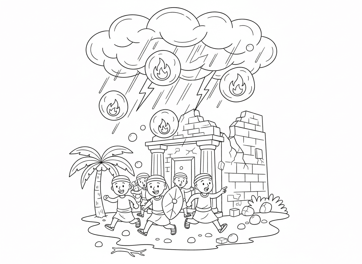 מכת ברד ואש - סצנה דרמטית וידידותית לילדים של מכת ברד עם אש בפנים, אבני ברד ענקיות עם אש בוערת בתוכן נופלות מהשמיים, מצרים רצים למחסה, מבנים פגועים, שמיים סוערים