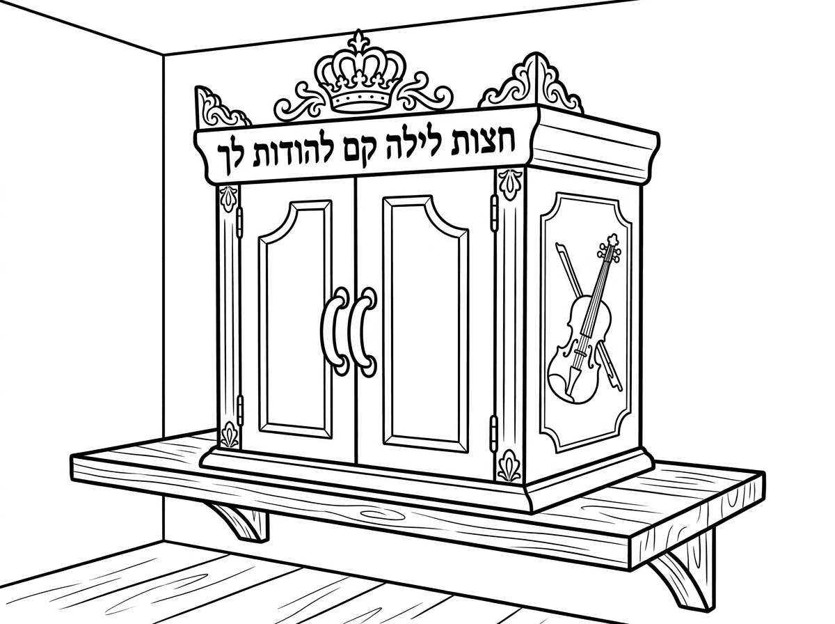 צייר לי ארון קודש קטן גובה 60 ס"מ רוחב 50 ס"מ עומק 40 ס"מ על מדף בפינת הבית עם עיטורים בפינות הארון וכתר יפה מעל הארון וכיתוב של חצות לילה קם להודות לך ככותרת של הארון
 בדופן הצד הארון חריטה של כינור דוד