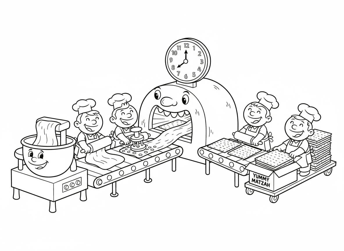 פס ייצור במפעל מצות - מפעל מצות מודרני ומצחיק עם פס ייצור, בצק מרודד, חורים מנוקבים, עובר דרך תנור ארוך, עובדים בסינרים, קופסאות מצות בסוף, טיימר 18 דקות