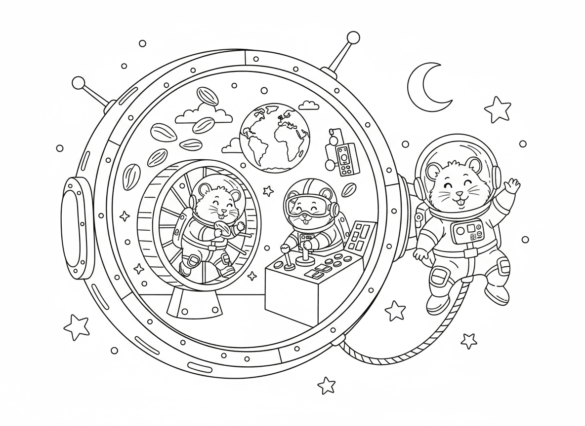 תחנת חלל של אוגרים - אוגרים מרחפים בחוסר כבידה ורצים על גלגלי חלל, אוגר אסטרונאוט אוכל גרעינים מרחפים, חדר בקרה עם אוגרים לוחצים כפתורים גדולים, הליכת חלל של אוגר, ונוף כדור הארץ מהחלון