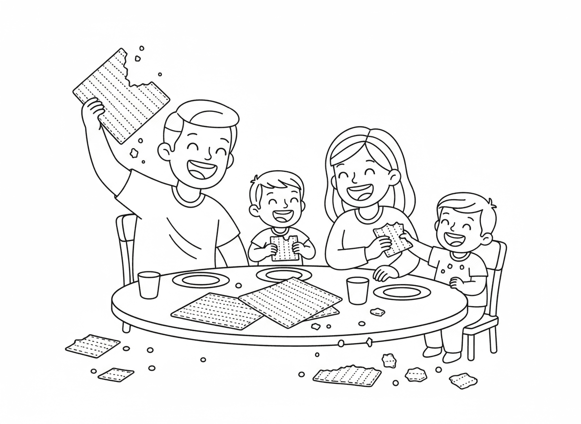 אוכלים מצה ביחד - משפחה שמחה שוברת ואוכלת מצה ביחד ליד השולחן, חיוכים גדולים, חתיכות מצה פריכות, פירורים נופלים, ילדים נהנים, רגע משפחתי פשוט וחמים