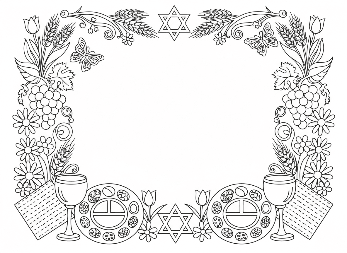 מסגרת סמלי חג הפסח - מסגרת דקורטיבית עשויה מסמלי פסח: מצה, כוסות יין, פריטי קערת סדר, פרחי אביב, פרפרים, גפנים, שיבולי חיטה, מגן דוד, מרכז ריק לצביעה