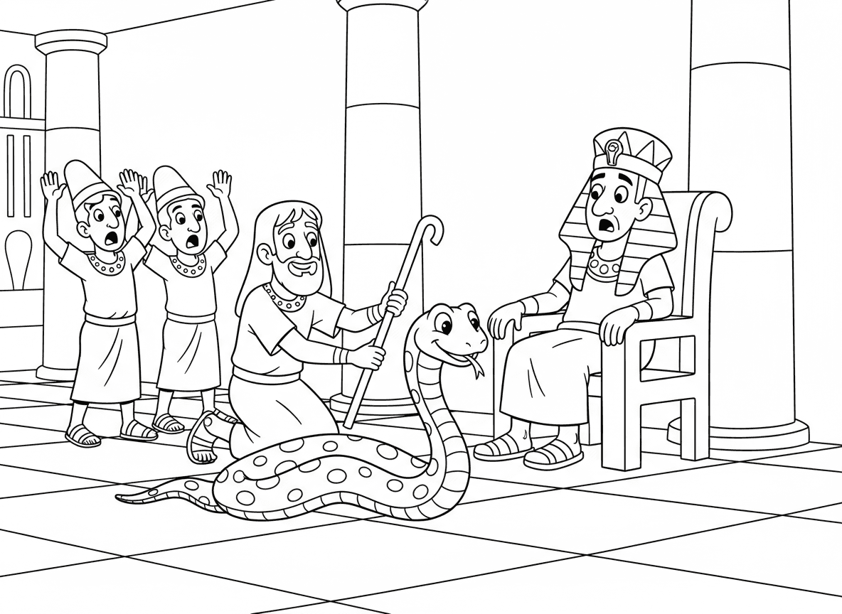 מטה אהרון הופך לנחש - אהרון משליך את מטהו לפני פרעה והוא הופך לנחש, חרטומי פרעה בהלם, חדר כס המלכות המצרי, רגע דרמטי, נחש על הרצפה, מטה בתהליך שינוי