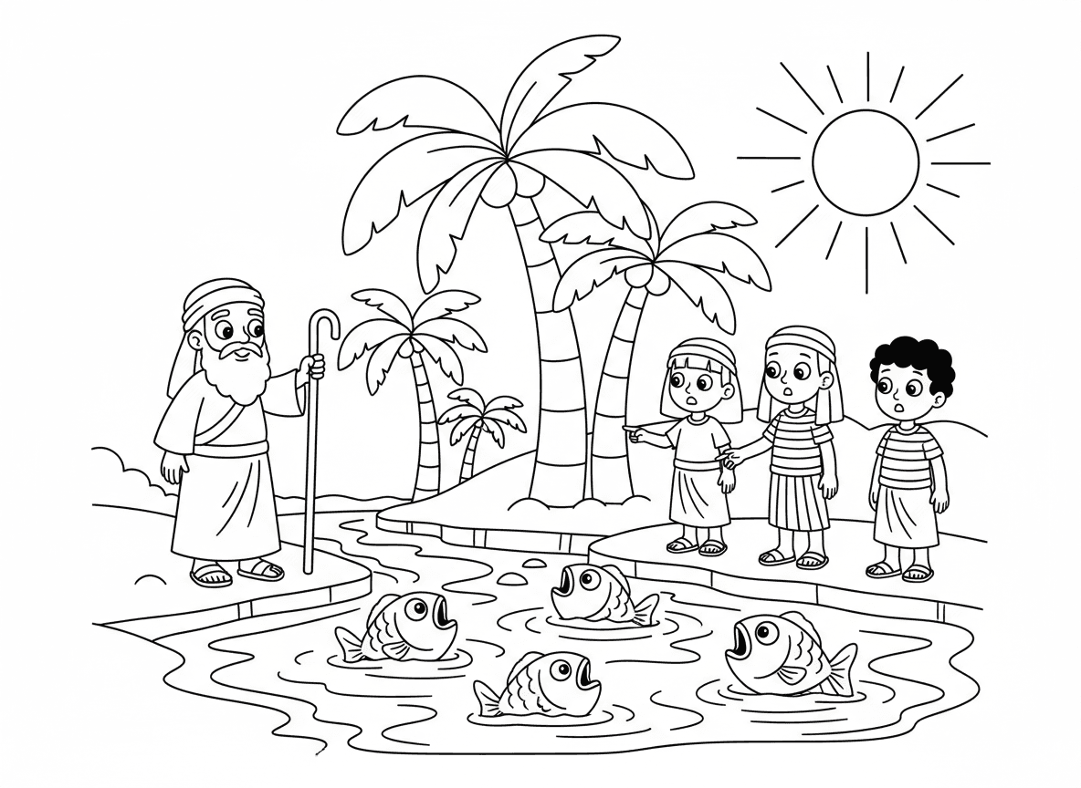 נהר הנילוס הופך לדם - סצנה ידידותית לילדים של הנילוס הופך אדום במכה הראשונה, דגים קופצים החוצה, מצרים מופתעים מסתכלים על המים האדומים, דקלים לאורך הנהר, משה עם מטה מורם