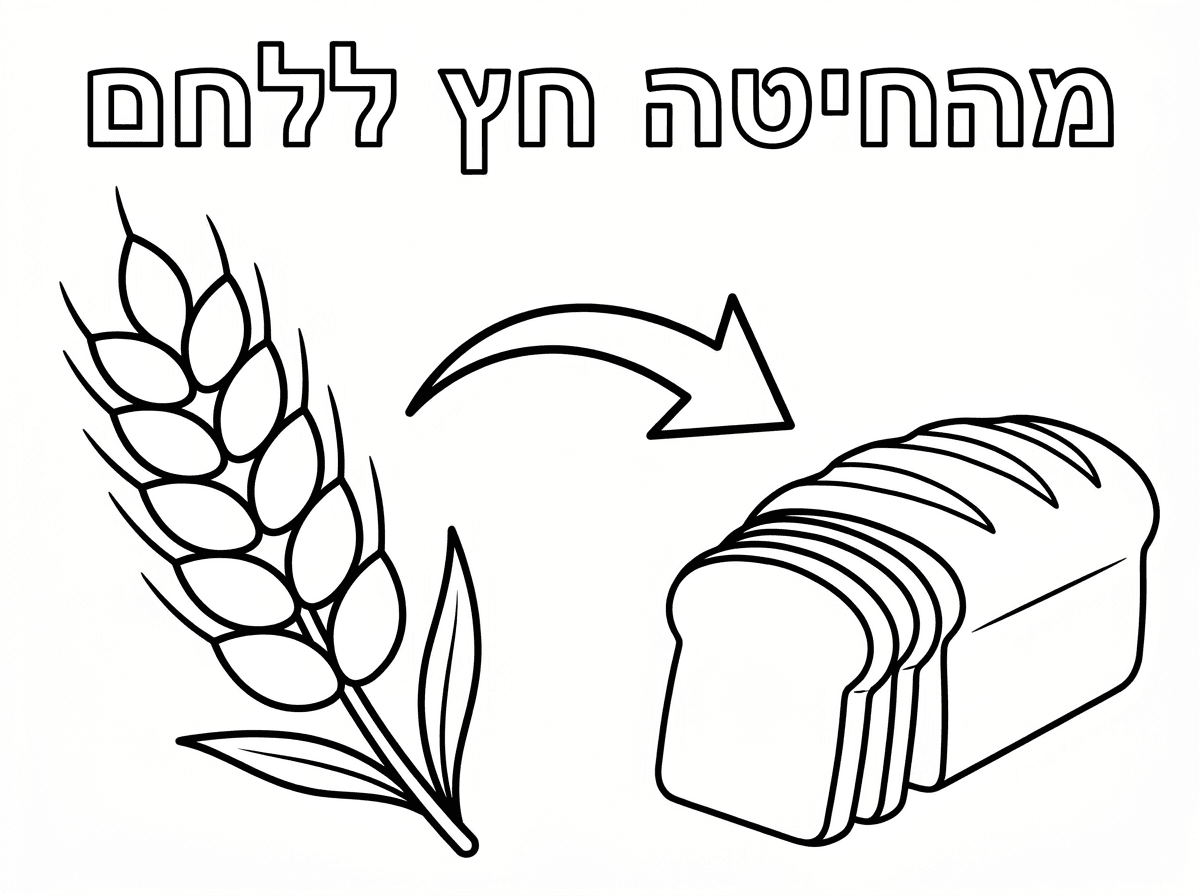 תעשה דף צביעה עם כותרת מהחיטה חץ ללחם ,תצייר חיטה גדולה ולחם