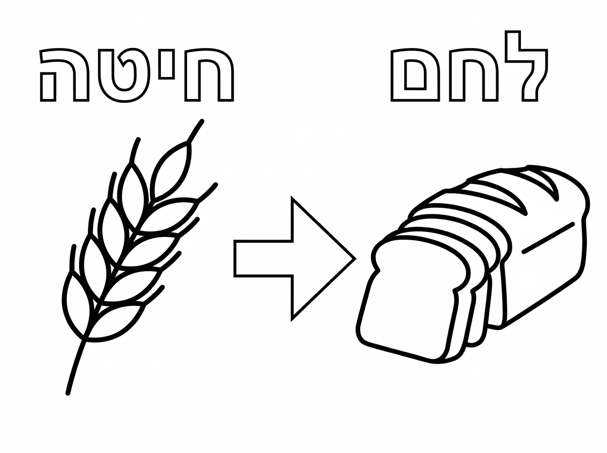 הציור הזה יותר יפה תוכל לשים את המילה חיטה ולצייר חיטה למטה תוריד את המילה חץ שיישאר רק ציור של חץ ומתחת ללחם תצייר לחם,קודם חיטה ואחר כך לחם