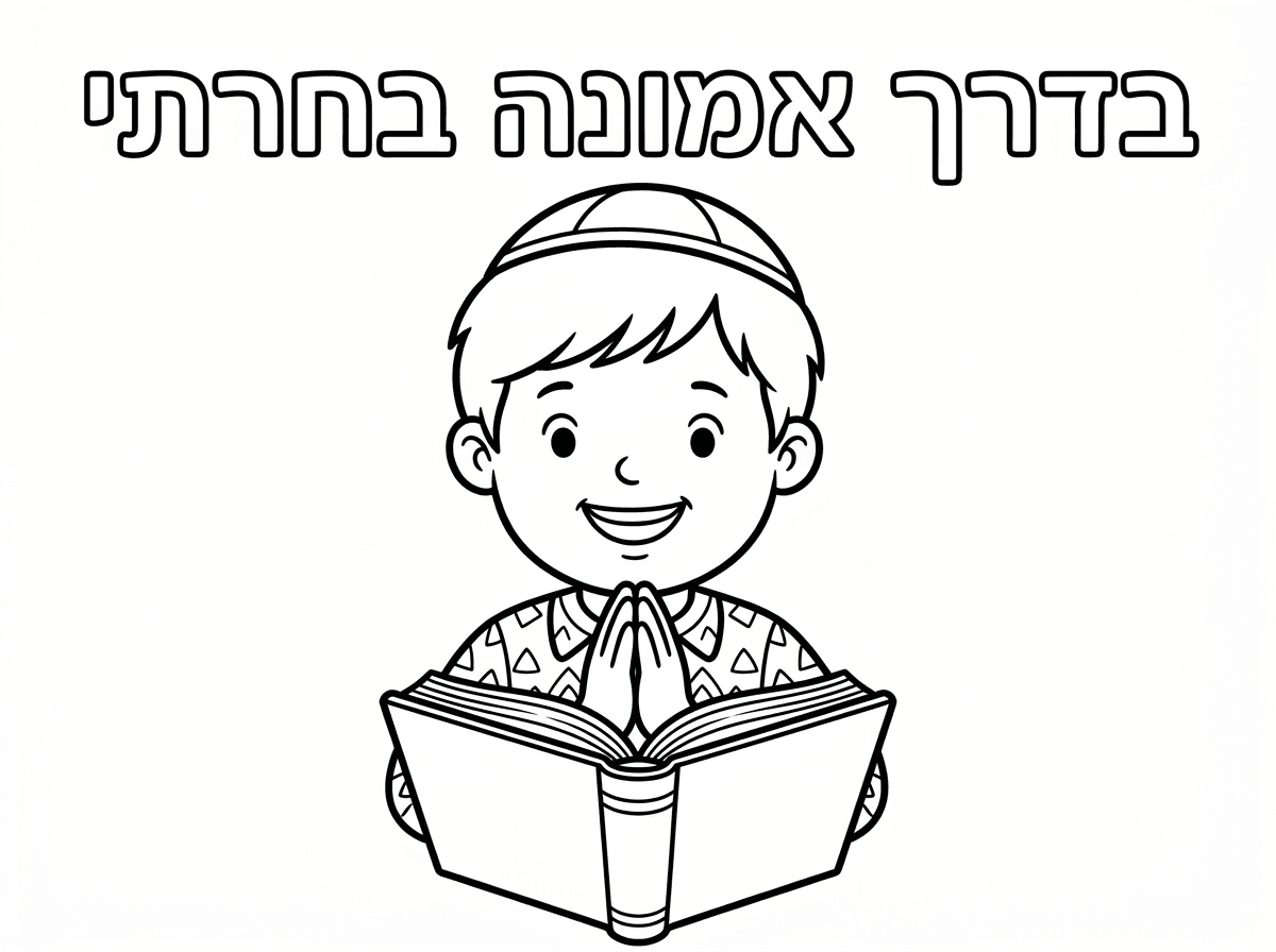 דף של ילד עם כיפה מתפלל עם סידור ולכתוב למעלה בדרך אמונה בחרתי