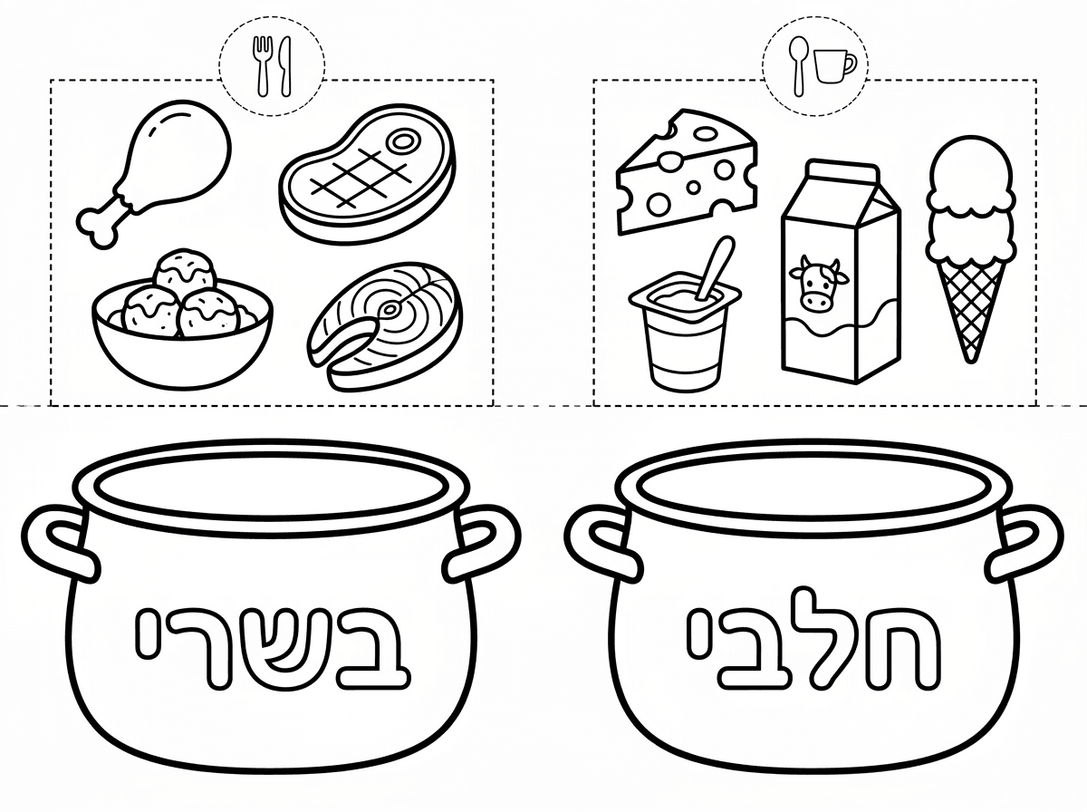 תיצור לי דף עבודה עם תמונות של מאכלים בשריים וחלביים ו2 סירים גדולים, אחד בשרי ואחד חלבי כך שיוכלו לגזור את התמונות ולהדביק אותם בתוך הסירים