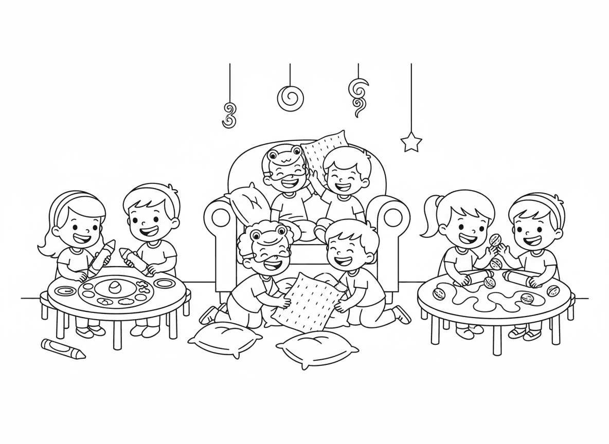 ילדים משחקים משחקי פסח - ילדים משחקים משחקי פסח מסורתיים, קבוצה אחת מחפשת אפיקומן, אחרים משחקים עם אגוזים, מסכות מכות על חלק מהילדים, פעילות צביעת קערת סדר, אווירת חג כיפית