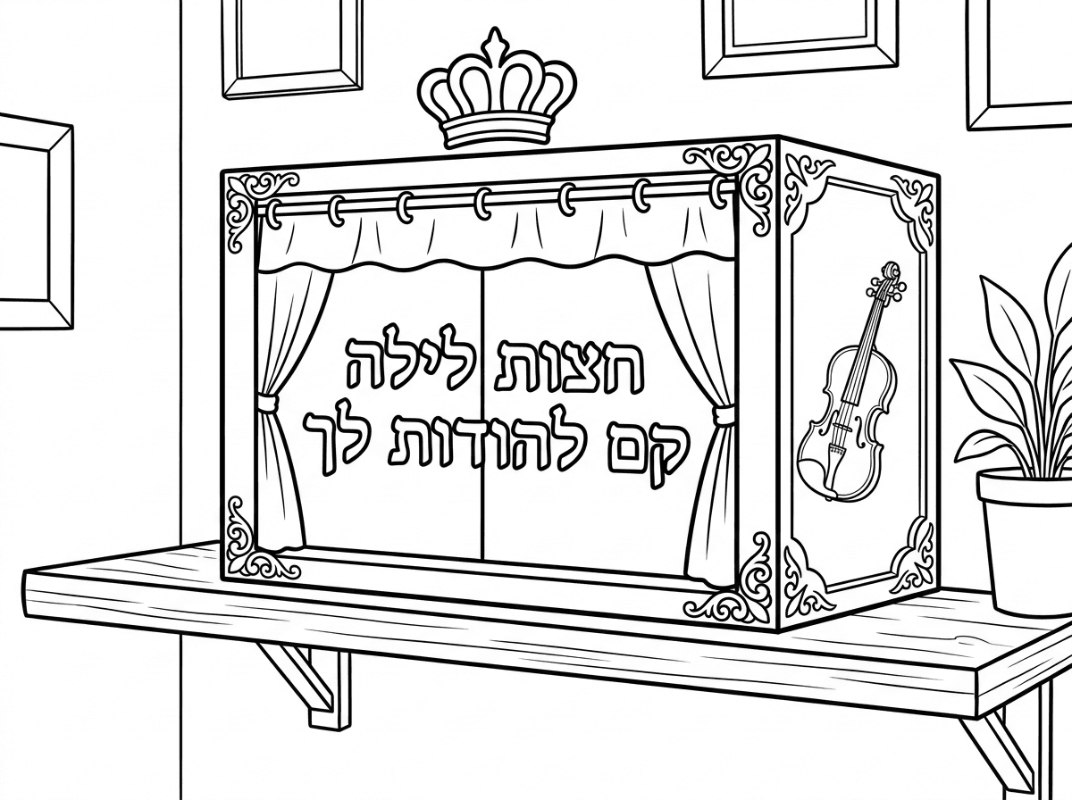 צייר לי ארון קודש קטן גובה 60 ס"מ רוחב 50 ס"מ עומק 40 ס"מ על מדף בפינת הבית עם עיטורים בפינות הארון וכתר יפה מעל הארון וכיתוב של חצות לילה קם להודות לך ככותרת של הארון
בקידמת הארון פרוכת יפה עם מקום יפה ומוסתר לטבעות של הפרכות למעלה בחיבור
 בדופן הצד הארון חריטה של כינור דוד