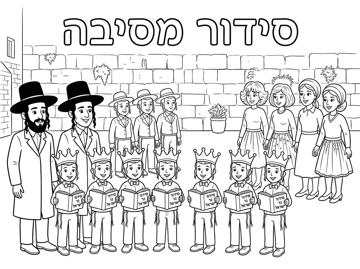 קבוצת של  8 ילדים מיוחדים בגלאיים 7-8 עם כתר לראשם, במסיבת סידור
חולצה עם פפיון, ציציות, וסידור תפילה ביד וכתוב עליו
סידור
נר ישראל
ליד כל ילד מדריך 4 מדרכים חרדיים עם כובע וחליפה ופאות, ו4 מדרכים עם כובע וחליפה קצרה.
מאחור נראה הכותל המערבי
בצד נראות 4 מורות 2 אם פאה  וחצאית חגגית ו2 עם כיסוי ראש וחצאית בלבוש חגיגי