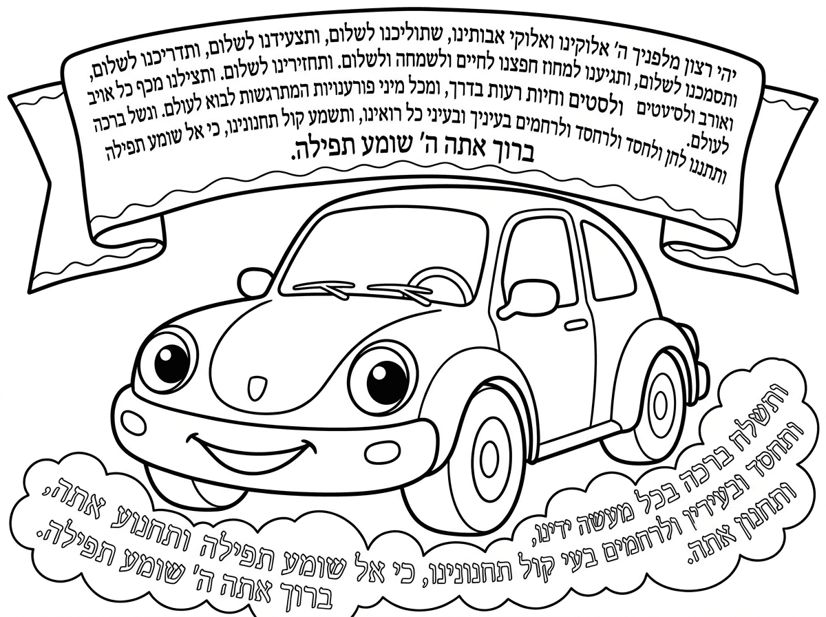 דף צביעה של מכונית על רבע דף, לא על דף שלם. ומאחורה או מקדימה על המכונית, אולי על המראה של המכונית, תפילת הדרך. התפילה עצמה, לא המילה תפילת הדרך, התפילה עצמה.