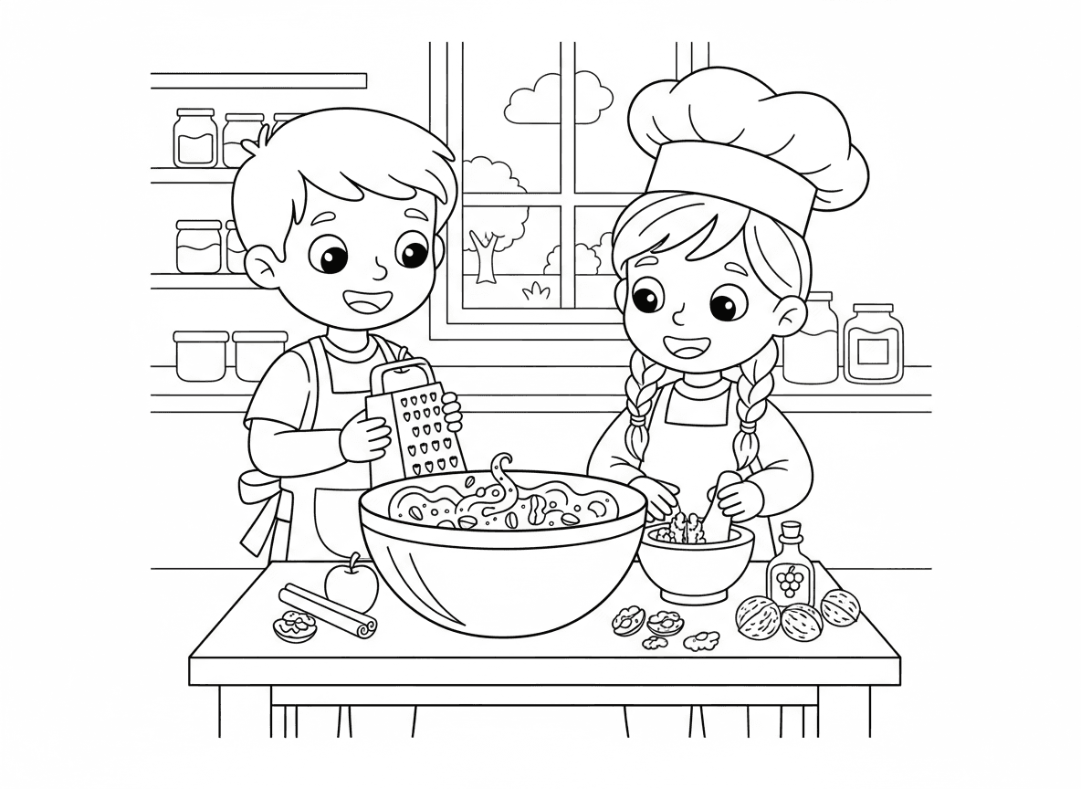 הכנת חרוסת עם תפוחים ואגוזים - סצנה כיפית של הכנת חרוסת, ילדים מגררים תפוחים ומערבבים עם אגוזי מלך, קינמון ויין, קערת ערבוב גדולה, מרכיבי המתכון פרוסים, מכתשת ועלי, תערובת מתוקה