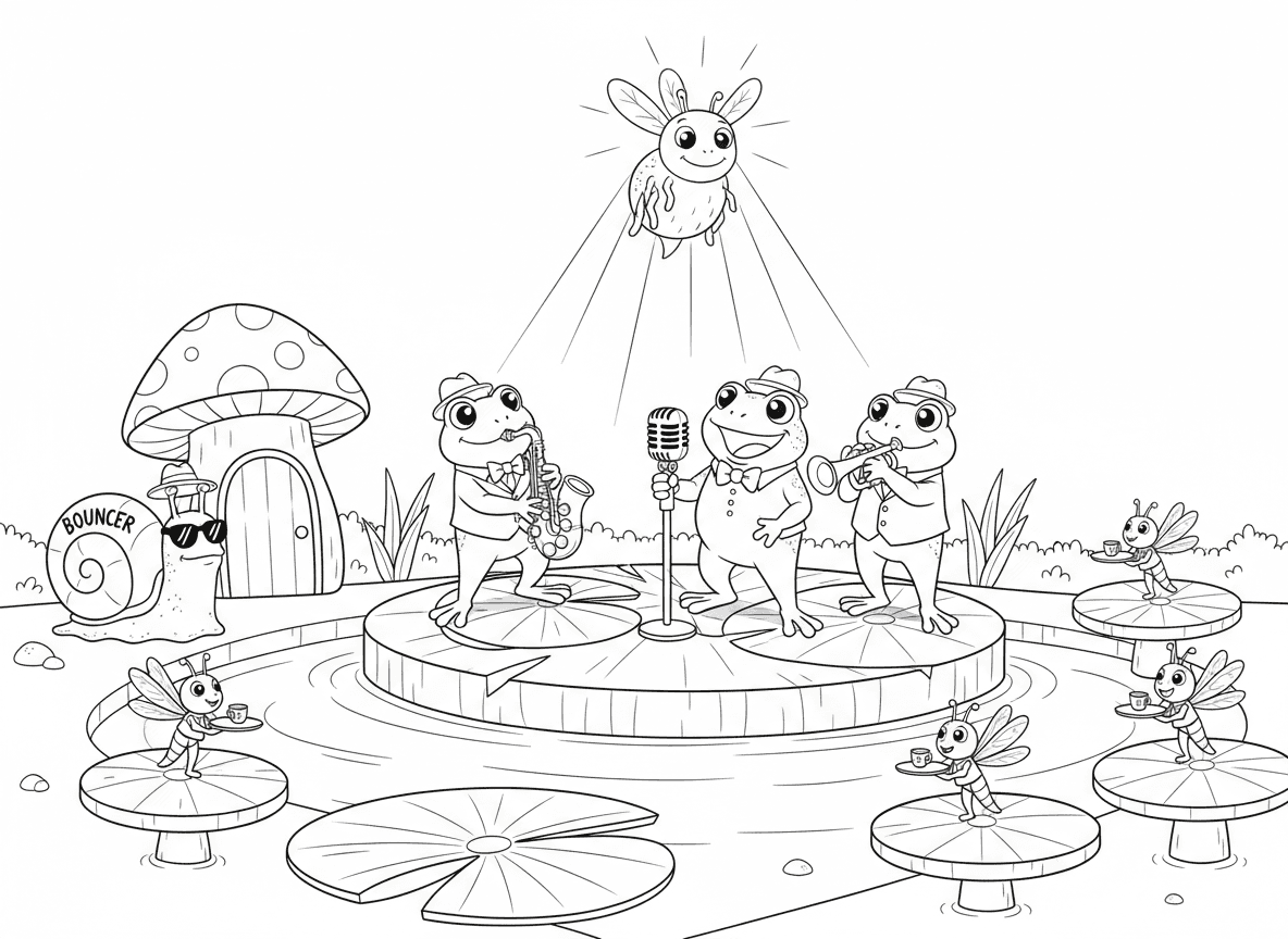 מועדון ג׳אז של צפרדעים - צפרדעים מנגנות סקסופון על במת עלי שושנה, קרפדה שרה למיקרופון, גחלילית כזרקור, שפיריות מלצריות מגישות קוקטיילי זבובים, חילזון סדרן בדלת, ושולחנות פטריות