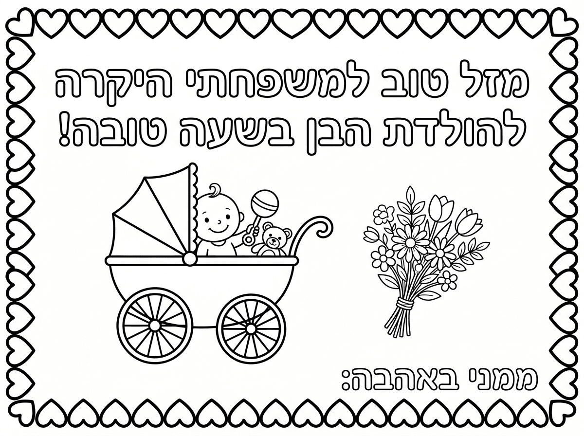 -תשנה את הכיתוב: מזל טוב למשפחתי היקרה להולדת הבן בשעה טובה! 
-הזר פרחים תעשה אותו קטן 
-תמחק את הבלונים הבודדים
-תוסיף בתחתית הדף שורה של-  ממני באהבה: