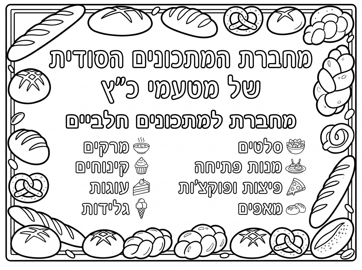 שער למחברת
ועליה כתוב

(ליד על כיתוב גם צייר תמונה של בגאטים ולחמים)

מחברת המתכונים הסודית של מטעמי כ"ץ
מחברת למתכונים חלביים

סלטים
מנות פתיחה
פיצות ופוקצ'ות
מאפים
מרקים
מנות
קינוחים
עוגות
גלידות