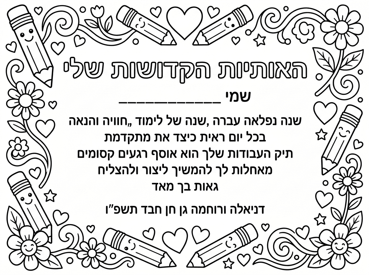 תכין לי דף  שהכותרת תהייה האותיות הקדושות שלי 
אחכ שמי __________
אחכ לכתוב 
שנה נפלאה עברה ,שנה של לימוד ,חוויה והנאה 
בכל יום ראית  כיצד את מתקדמת 
תיק העבודות שלך הוא אוסף רגעים קסומים 
מאחלות לך להמשיך ליצור ולהצליח 
גאות בך מאד 
דניאלה ורוחמה גן חן חבד תשפ"ו 
מסביב שיהיו ציורים של עפרונות לבבות ,ופרחים