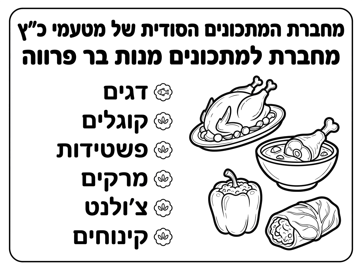 שער למחברת
ועליה כתוב

(ליד על כיתוב גם צייר תמונה של בשר עופות וממולאים)

מחברת המתכונים הסודית של מטעמי כ"ץ
מחברת למתכונים מנות בר פרווה
דגים
קוגלים
פשטידות
מרקים
צ'ולנט
קינוחים