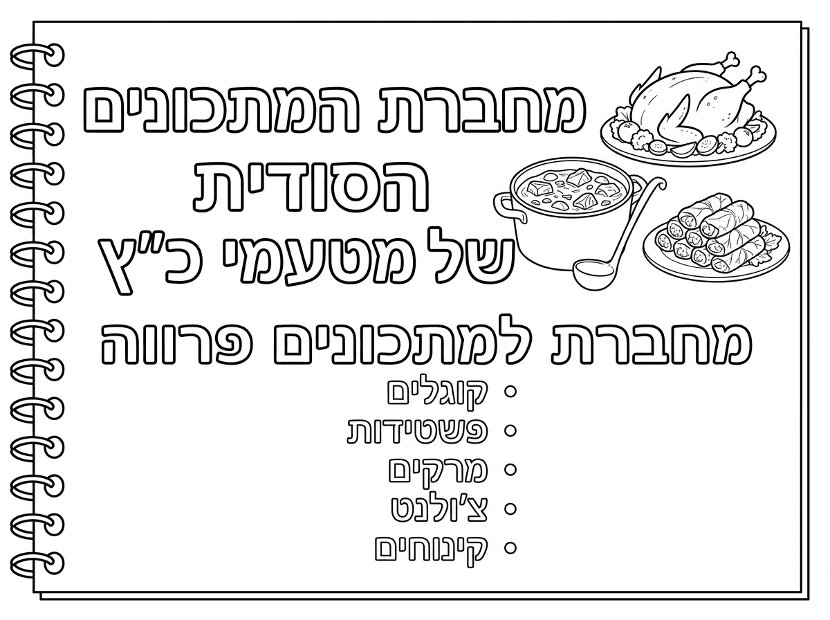 שער למחברת
ועליה כתוב

(ליד על כיתוב גם צייר תמונה של בשר עופות וממולאים)

מחברת המתכונים הסודית של מטעמי כ"ץ
מחברת למתכונים פרווה
קוגלים
פשטידות
מרקים
צ'ולנט
קינוחים