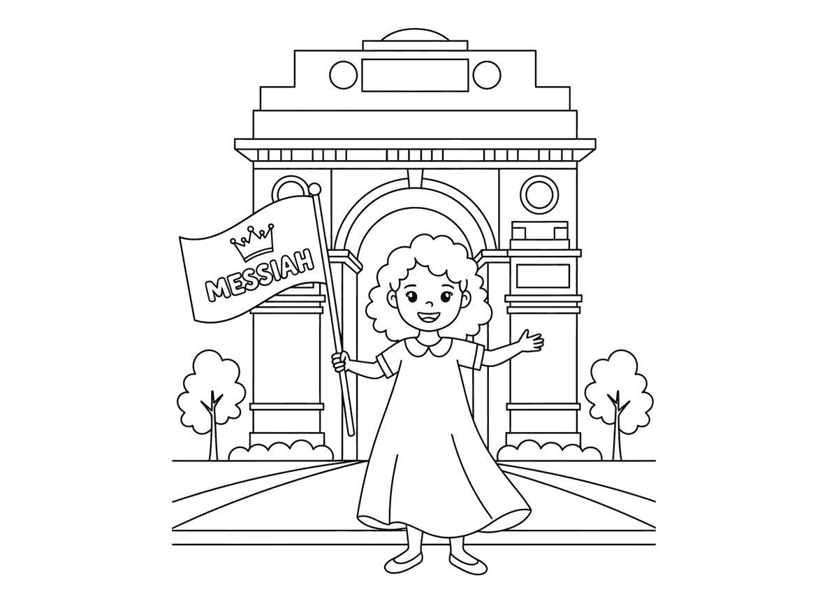 ילדה עם שמלה בשער הודו מחזיקה דגל שיש בו כתר וכתוב עליו משיח