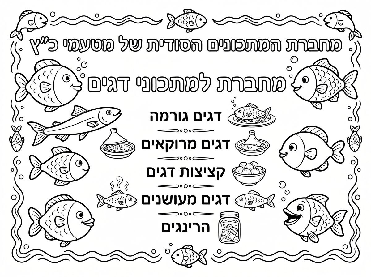 שער למחברת
ועליה כתוב

(ליד על כיתוב גם צייר תמונה של דגים)

מחברת המתכונים הסודית של מטעמי כ"ץ
מחברת למתכוני דגים
דגים גורמה
דגים מרוקאים
קציצות דגים
דגים מעושנים
הרינגים