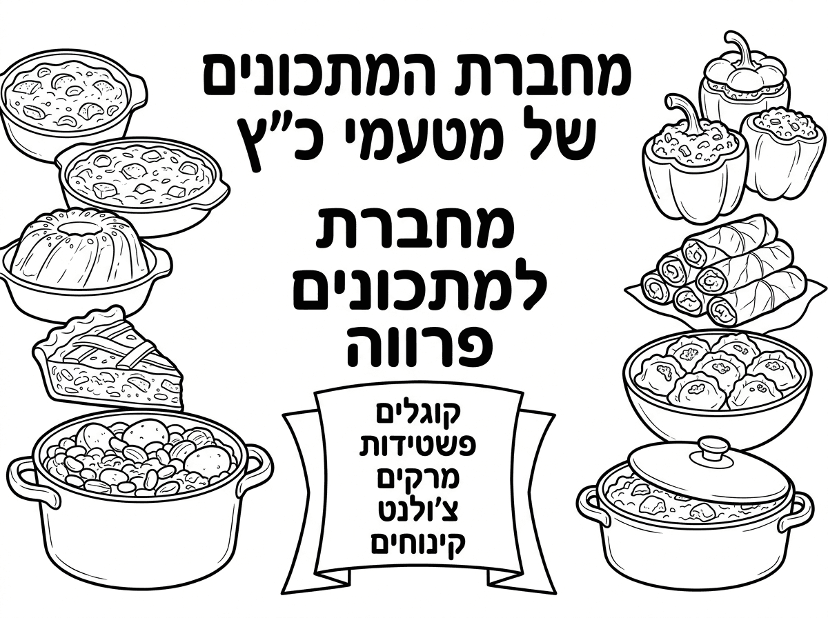 שער למחברת
ועליה כתוב

(ליד על כיתוב גם צייר תמונה של קוגלים קישים צ'ולנט וממולאים)

מחברת המתכונים הסודית של מטעמי כ"ץ
מחברת למתכונים פרווה
קוגלים
פשטידות
מרקים
צ'ולנט
קינוחים