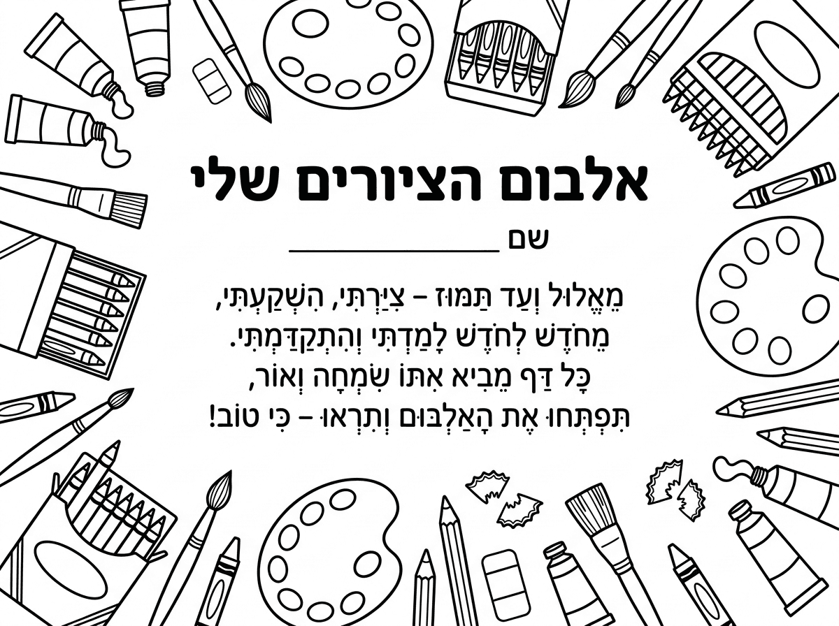תכין לי דף שבו יהיה כתוב : 
כותרת - אלבום הציורים שלי 
מתחת שם _______
אחכ שיהיה כתוב
​מֵאֱלוּל וְעַד תַּמּוּז – צִיַּרְתִּי, הִשְׁקַעְתִּי,
מֵחֹדֶשׁ לְחֹדֶשׁ לָמַדְתִּי וְהִתְקַדַּמְתִּי.
כָּל דַּף מֵבִיא אִתּוֹ שִׂמְחָה וְאוֹר,
תִּפְתְּחוּ אֶת הָאַלְבּוּם וְתִרְאוּ – כִּי טוֹב!
מסביב לדף ציור של צבעים