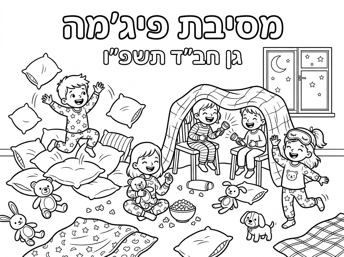 היי אשמח לדף למסיבת פיגמה
 עם הכיתוב
מסיבת פיגמה
גן חב"ד תשפ"ו