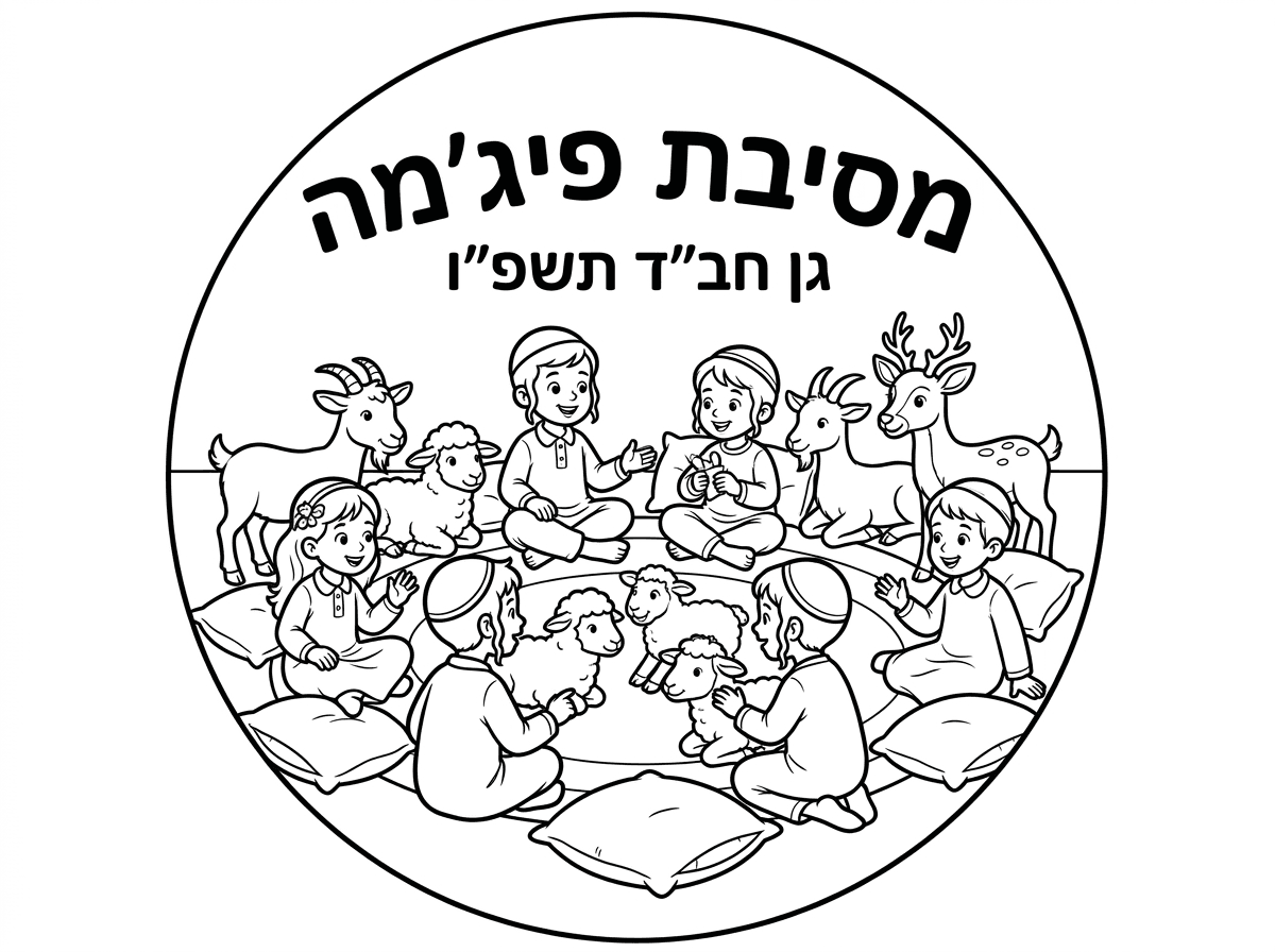 היי אשמח לדף למסיבת פיגמה
 עם הכיתוב
מסיבת פיגמה
גן חב"ד תשפ"ו

עם ילדים יהודים ילדות עם כותנת מכסה ברך  וחיות טהורות 
אפשר לשלב כריות

שהדף יהיה בצורה עיגול
