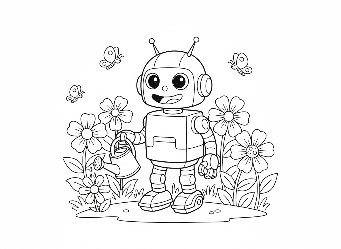 רובוט חמוד בגן פרחים