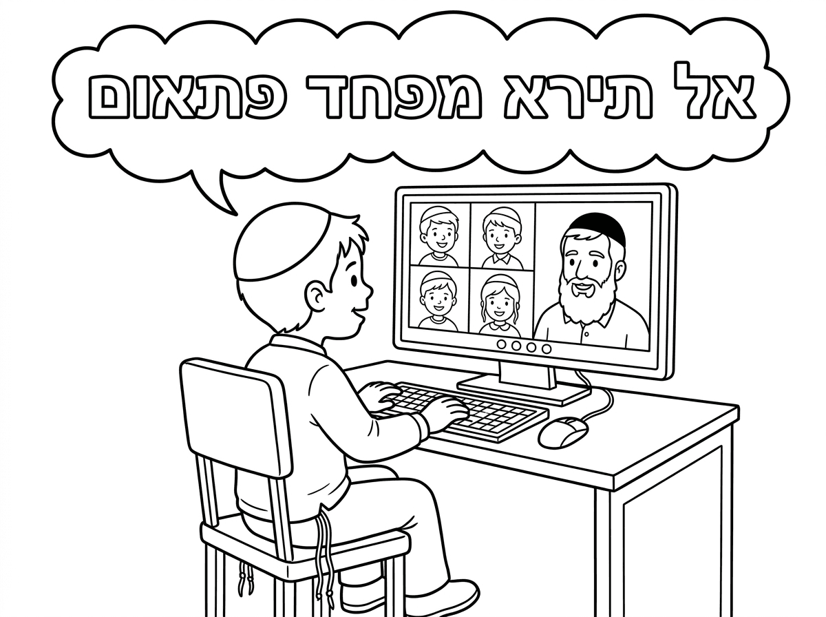 עכשיו כזה שיחד עם כיפה מול המסך
יש לו מכנסיים ארוכים וחוטי ציצית
יש במסך ילדים עם כיפות
ומורה עם זקן עם כיפה שחורה