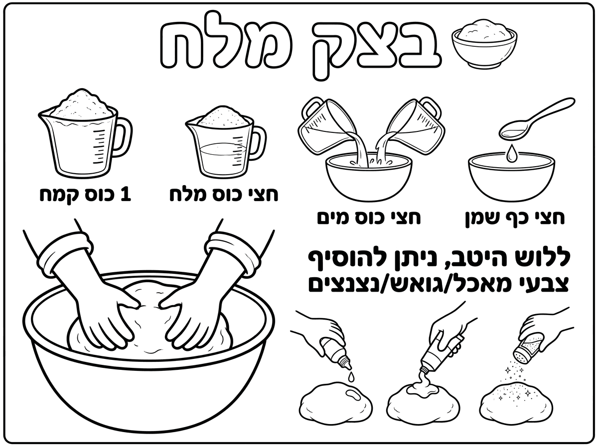 דף מתכון עם ציור לצביעה 
בצק מלח:
1 כוס קמח
חצי כוס מלח
חצי כוס מים
חצי כף שמן
ללוש היטב, ניתן להוסיף צבעי מאכל/גואש/נצנצים