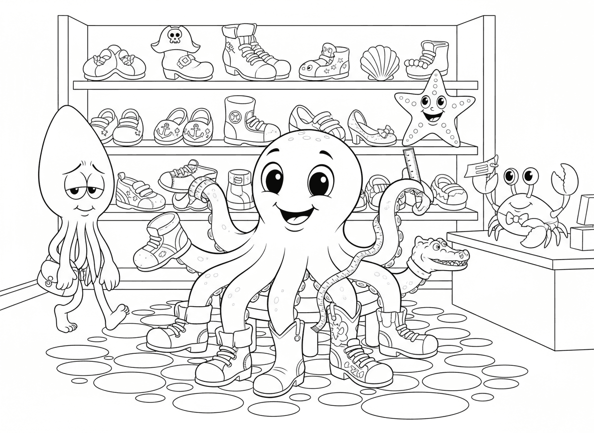 חנות נעליים לתמנונים - תמנון מודד שמונה נעליים שונות בבת אחת, כוכב ים מוכר מודד זרועות, מדפים של נעליים ימיות זעירות, סרטן קופאי, ודיונון ממתין בתור בחוסר סבלנות