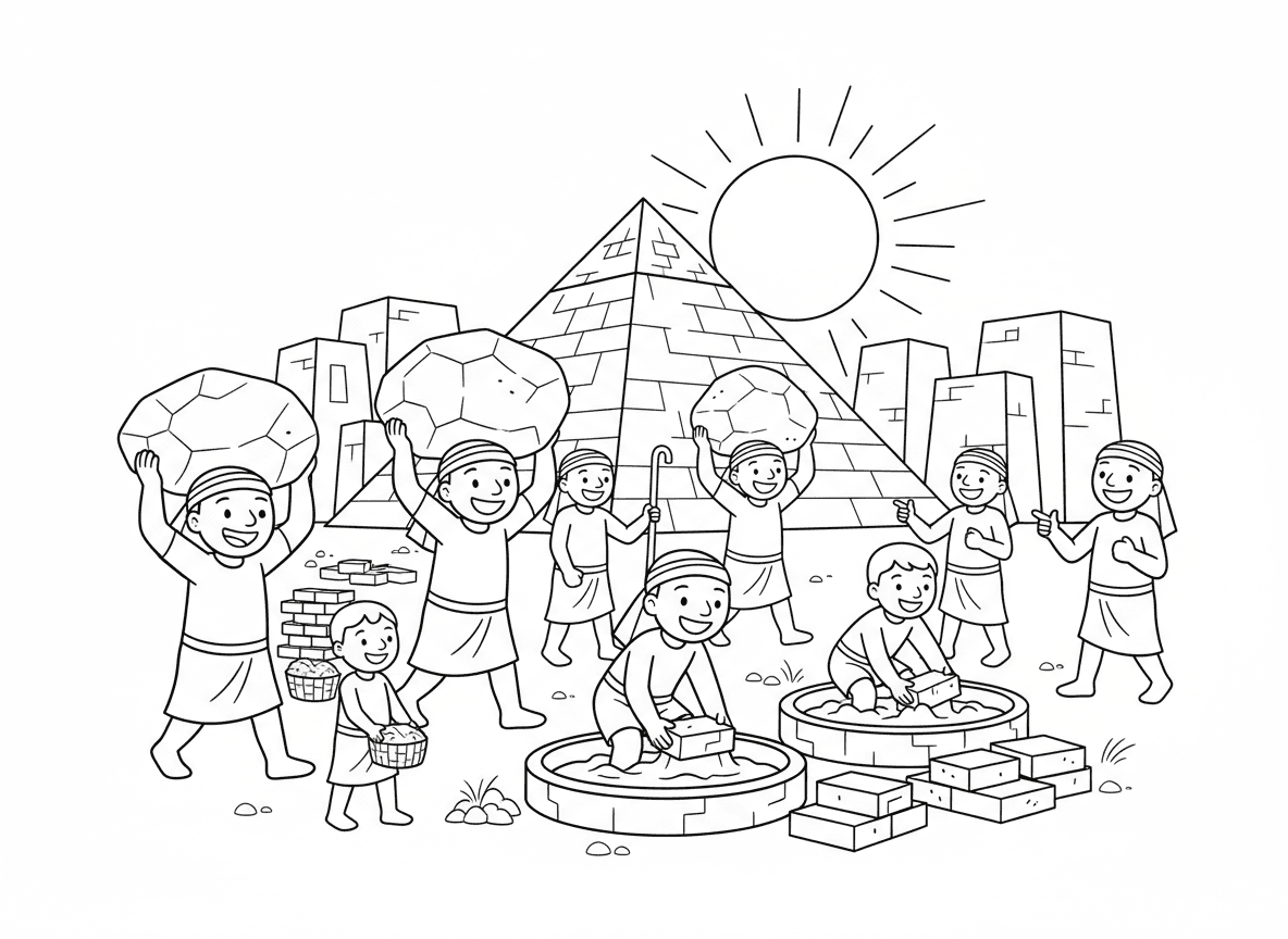 1. בני ישראל עובדים קשה במצרים
לפני הרבה מאוד שנים חיו בני ישראל בארץ מצרים. בהתחלה היה להם טוב, אבל אחר כך קם מלך חדש, פרעה, שלא אהב את בני ישראל. הוא פחד שהם יהיו רבים וחזקים. לכן הוא הכריח אותם לעבוד עבודה קשה מאוד.
בני ישראל היו צריכים לסחוב אבנים גדולות וכבדות, להכין לבנים מבוץ וקש, ולבנות ערים גדולות לפרעה. הם עבדו תחת השמש החמה כל היום. המצרים היו ממהרים בהם ואומרים להם לעבוד מהר יותר. הידיים שלהם כאבו, הגב שלהם היה עייף, והם היו מותשים מאוד.
לפעמים אפילו לא נתנו להם מספיק זמן לנוח. בני ישראל הרגישו עצובים מאוד, והם התפללו לה' שיעזור להם ויוציא אותם מהעבודה הקשה במצרים.