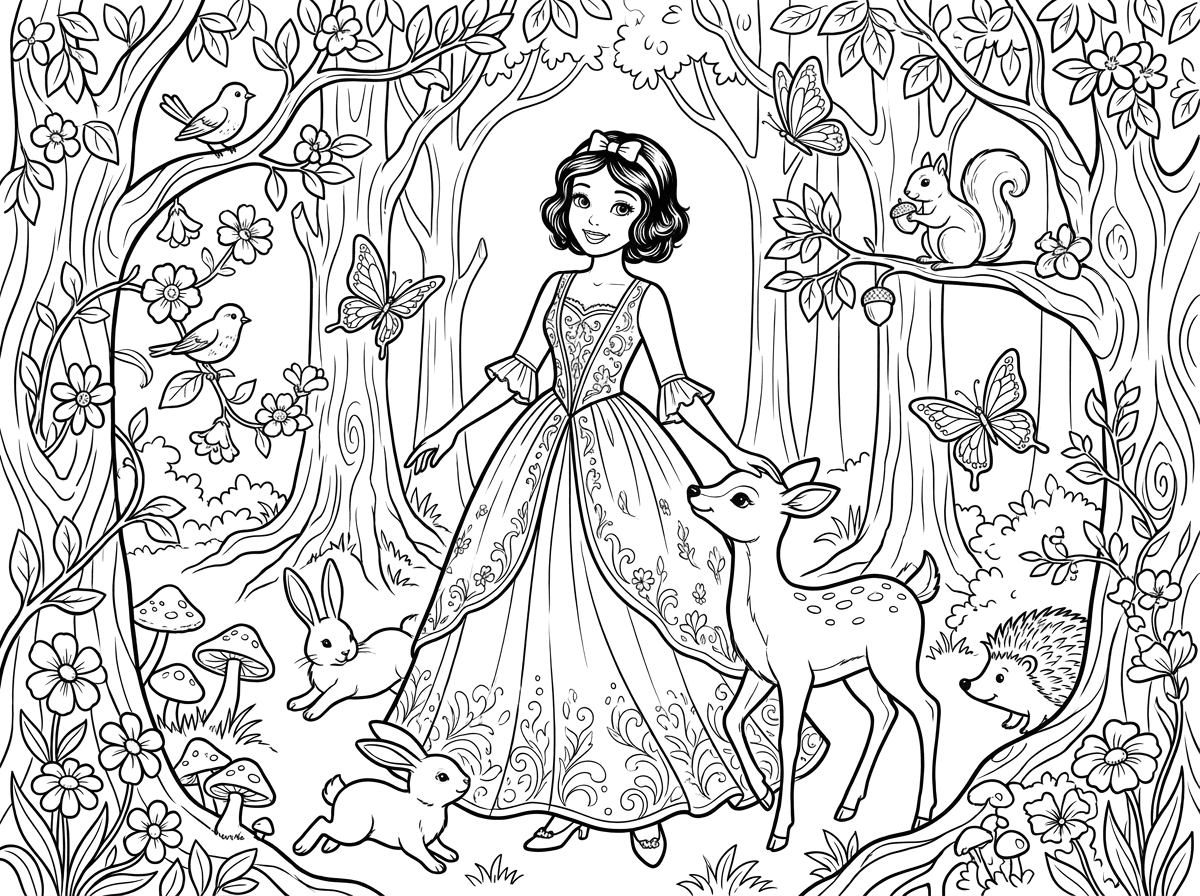 Create a highly detailed black-and-white coloring book page featuring a classic fairy-tale princess with short dark hair, a ribbon headband, and an elegant vintage gown. She is standing in a magical enchanted forest surrounded by friendly woodland animals such as deer, rabbits, birds, squirrels, and other forest creatures.

The scene should include abundant fairy-tale details: blooming flowers, twisting vines, tall trees, mushrooms, butterflies, decorative leaves, and charming forest elements that create many interesting areas to color. The princess should have a kind expression and graceful pose, serving as the focal point of the composition.

Use clean, crisp line art only, with bold and well-defined outlines suitable for a premium printable coloring page. No color, no grayscale, no shading, and no filled black areas. The artwork should feel magical, whimsical, and storybook-inspired, with intricate details appropriate for older children and adults. High-resolution coloring book illustration, balanced composition, white background, professional line drawing, no text, no watermark.