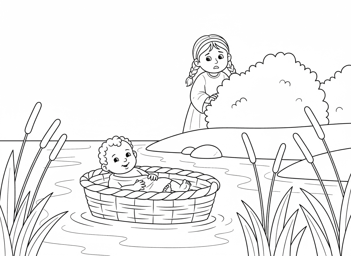 2. התינוק משה בתיבה
באותם ימים נולד תינוק קטן וחמוד בשם משה. אמא שלו פחדה שהמצרים יקחו אותו. היא שמה את משה בתיבה קטנה ושמה אותה בין הקנים שעל שפת הנהר. אחותו של משה עמדה מרחוק ושמרה עליו.