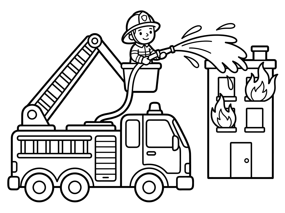 Give me a painting of a large fire truck parked on the side of the road, its crane raised up and a firefighter on top holding a hose connected to the fire truck and spraying some water on a fire in the building next door.