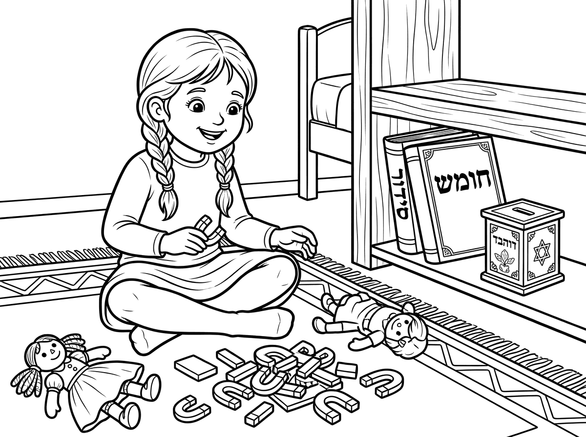 ילדה קטנה עם צמות
יושבת  על השטיח

משחקת במגנטים ובובות

הילדה עם חולצה שמכבה את המרפק
חצאית שמכסה את הברך
וגרביונים

ליד המיטה שלה על המדף
ספר שכתוב עליו סידור
ספר שכתוב עליו חומש
וקופת צדקה