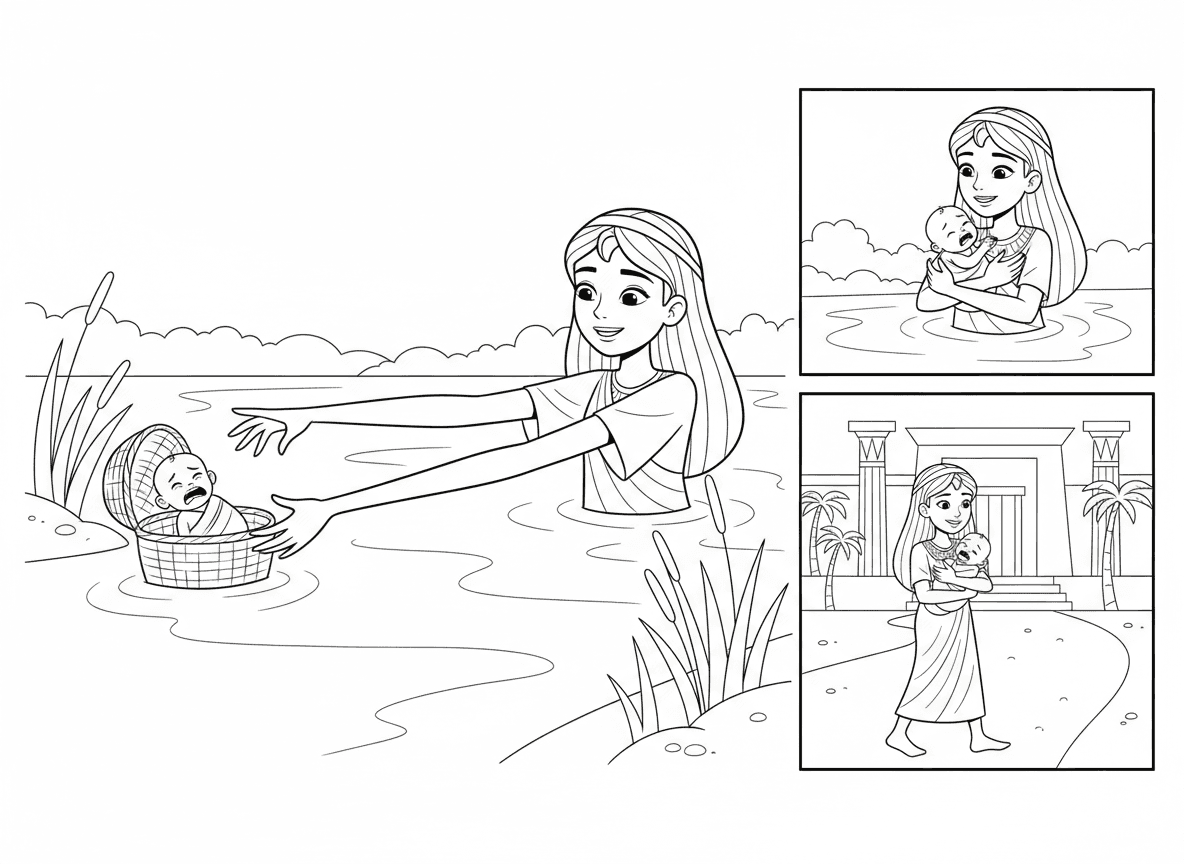 בת פרעה מוצאת את משה
בת פרעה באה להתרחץ בנהר וראתה את התיבה בין הקנים. התיבה היתה רחוקה ממנה מאוד אך קרא פלא והיא הושיטה את היד שלה והיד התארכה עד לתיבה. היא פתחה אותה וראתה תינוק קטן בוכה. היא ריחמה עליו וחיבקה אותו. היא החליטה לגדל את התינוק בארמון שלה וקראה לו משה.