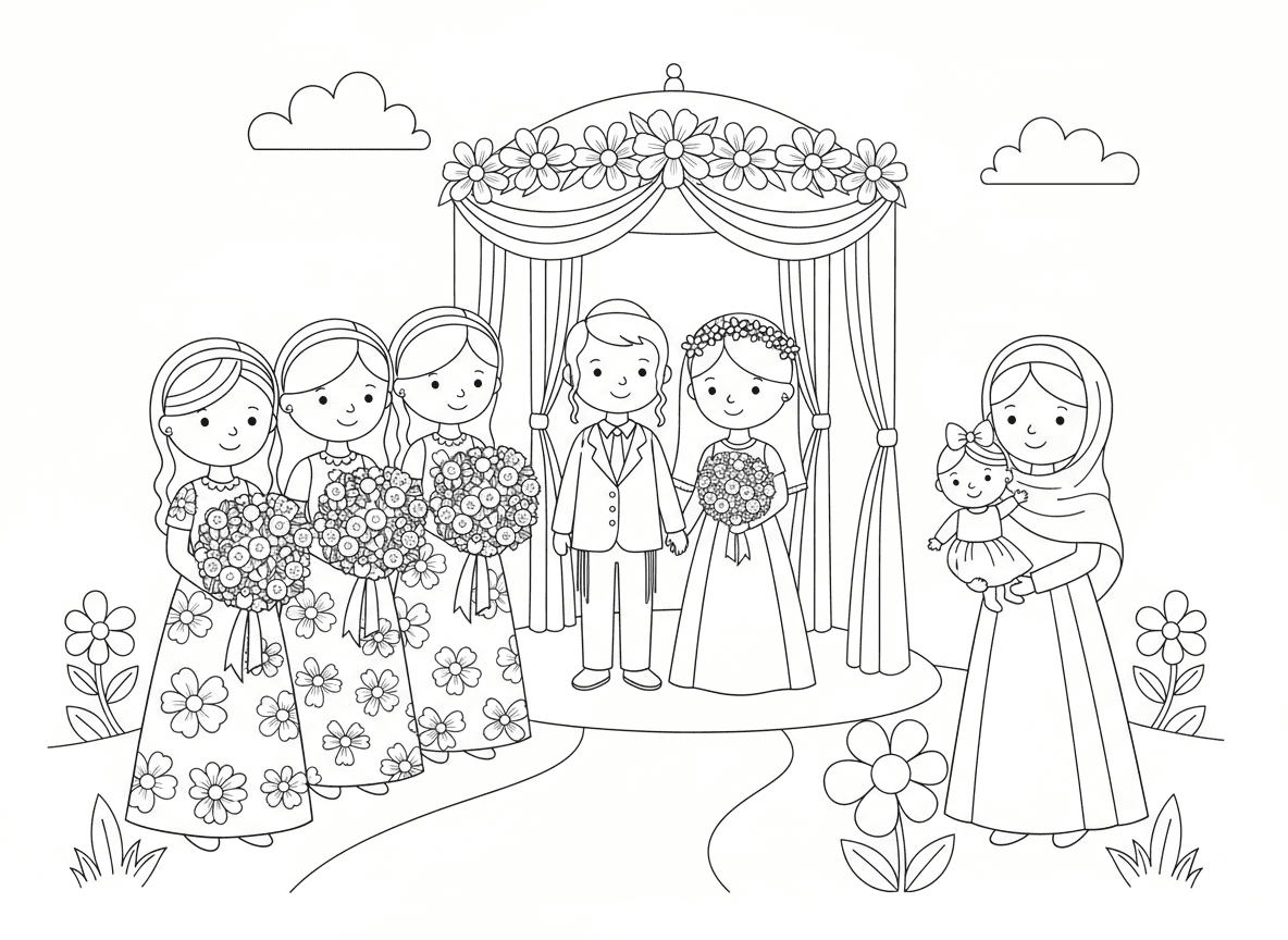נשמח לדף צביעה של 4 שושבינות מחזיקות זר פרחים צועדות לכיוון החופה בחתונה. השושבינות לבושות בשמלות מפוארות וצנועות ויש מתחת לחופה חתן עם כיפה וציצית וכלה בשמלה מפוארת וצנועה. וגם אמא עם מטפחת ושמלה מחזיקה תינוקת עם סרט על הראש עומדת ליד השושבינות.