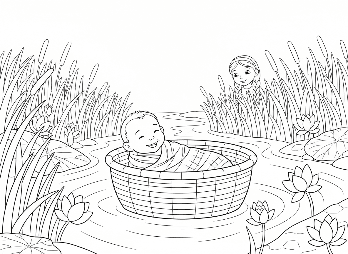 התינוק משה בתיבה באותם ימים נולד תינוק קטן וחמוד בשם משה. אמא שלו פחדה שהמצרים יקחו אותו. היא שמה את משה בתיבה קטנה ושמה אותה בין הקנים שעל שפת הנהר. אחותו של משה עמדה מרחוק ושמרה עליו.