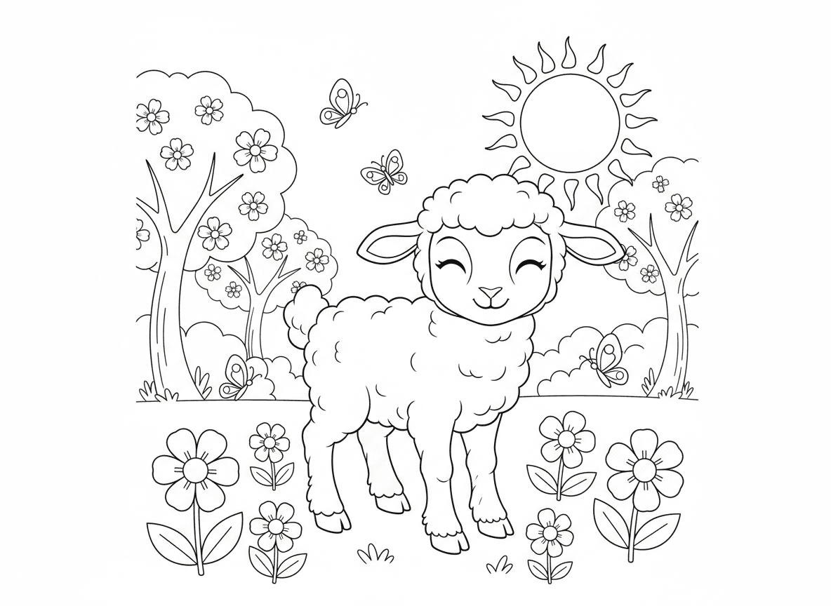 שה פסח חמוד - שה פסח חמוד ורך עומד באחו, פרחים סביב, הבעה שלווה, רקע אביבי עם עצים פורחים, פרפרים, שמש חמימה