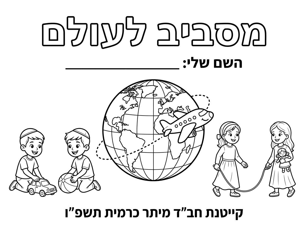 תוסיף עוד פרטים בצד ילדים עם כיפה וילדות עם שמלות ארוכות משחקים. תוריד את הקיטוב דף צביעה לילדים ותכתוב קייטנת חב"ד מיתר קרמי תשפ"ו בשורה אחת. כמו כן, לפני זה תכתוב השם שלי עם פס שהילדים יוכלו לכתוב.