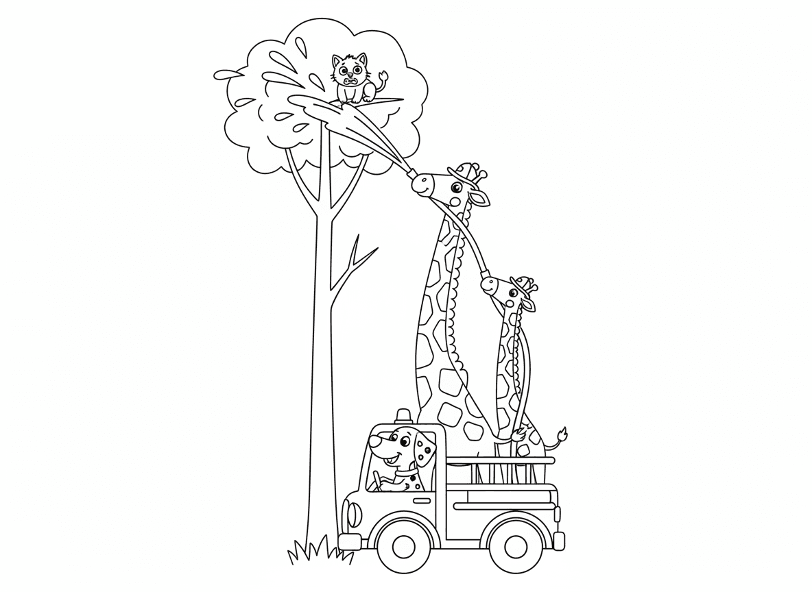 ג׳ירפות כבאיות - ג׳ירפות משתמשות בצוואר הארוך כצינור כיבוי שמרסס מים, חובשות קסדות כבאים זעירות, כלב דלמטי נוהג במכבית אש, חתול תקוע על עץ גבוה מאוד, וסולם מיותר לחלוטין